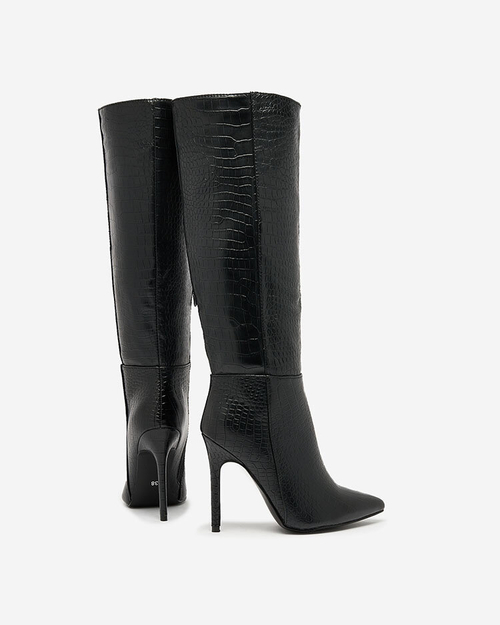 Royalfashion Чорні жіночі чоботи на шпильці з тисненням Classy Elegant