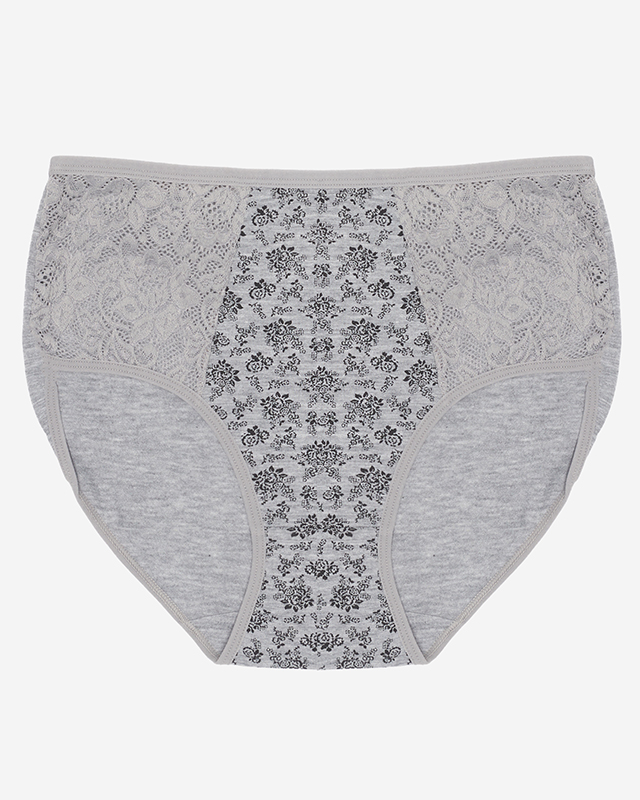 Šedé dámské kalhotky, květované kalhotky s vyšším pasem. PLUS VELIKOST - Spodní prádlo