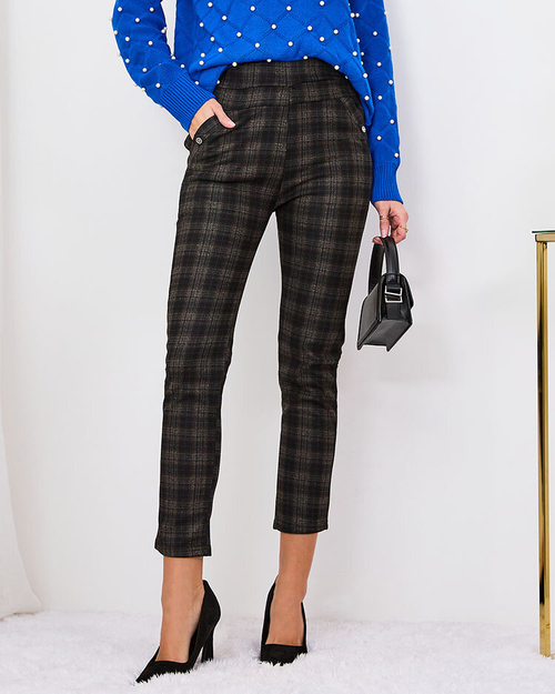 Royalfashion Коричневі жіночі утеплені лосини в клітинку