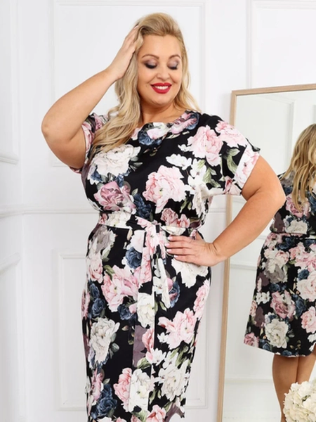 Royalfashion Dámské šaty po kolena s krátkým rukávem a růžovým vázáním