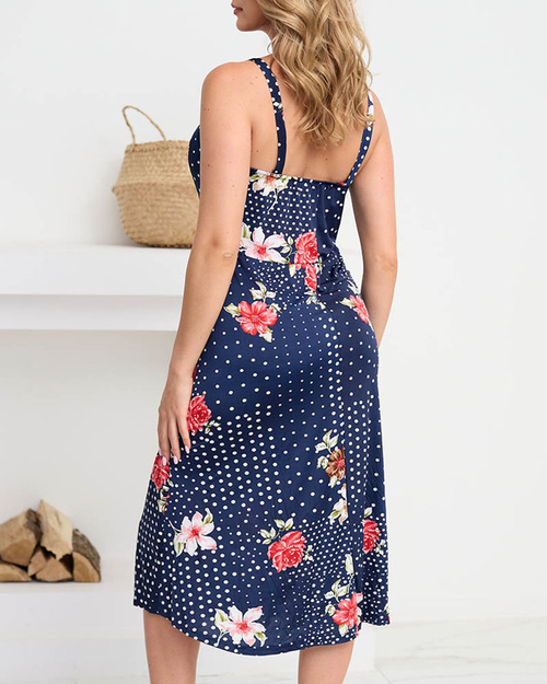 Жіноча темно-синя сукня в горошок і рожеві квіти - Одяг