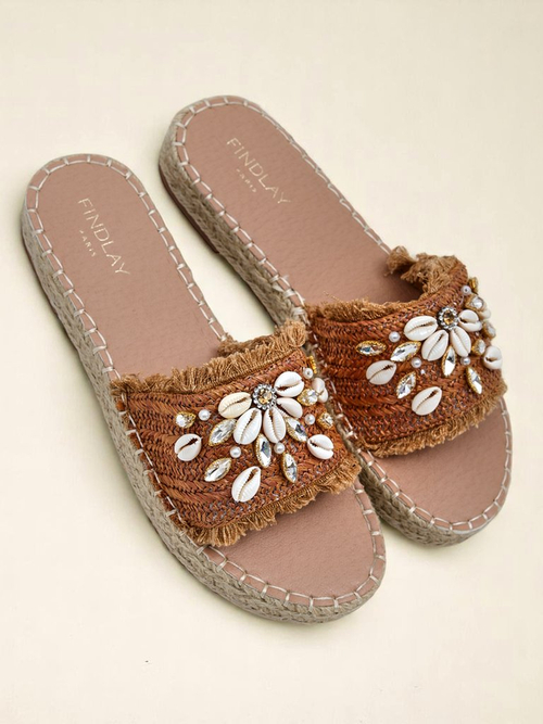 Сандалі Royalfashion Callista Boho Camel на плоскій платформі з мушлями