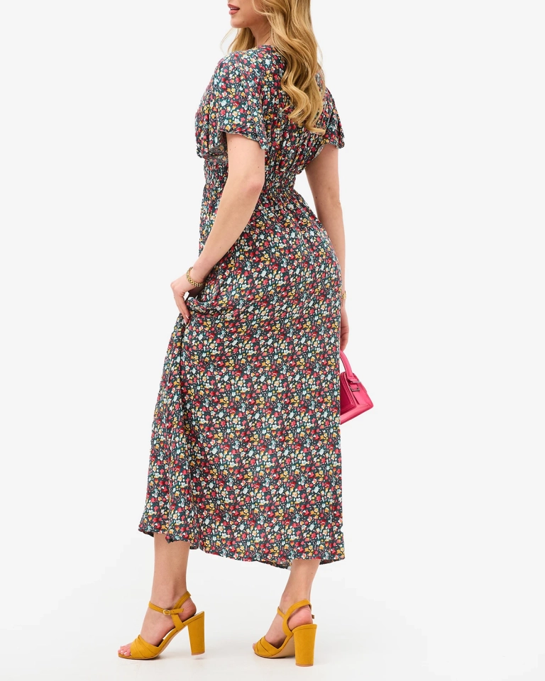 Květinově zelené dámské midi šaty s obálkovým výstřihem - Oblečení