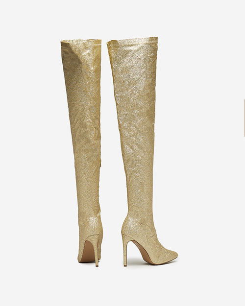 Золоті жіночі чоботи вище коліна з блискітками Qesda- Footwear