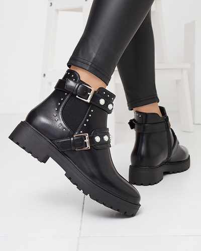 Dámské kotníkové boty z eko kůže s perličkami v černé barvě Saalo- Footwear
