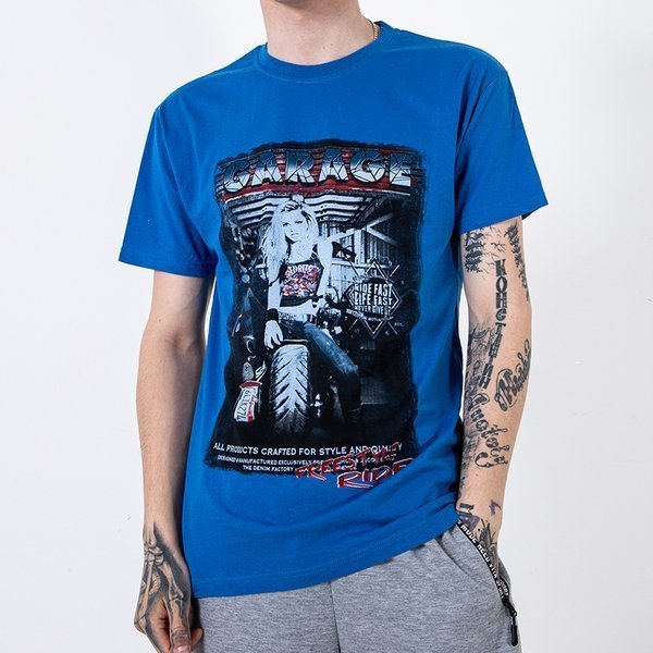 Pánské tričko z kobaltové bavlny zdobené potiskem a nápisem - Oblečení