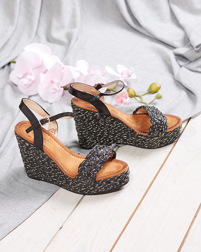 Dámské černé sandály se zlatou nití na klínku Carea-Shoes