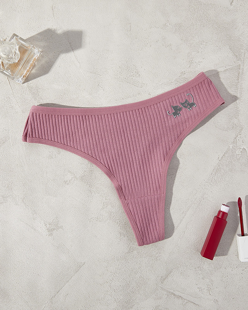 Темно-рожеві смугасті жіночі трусики стрінги з нашивкою - Спідня білизна