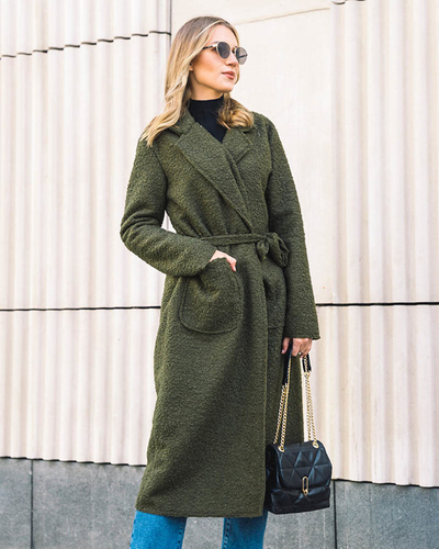 Zelený dámský kabát z ovčí kůže ke kotníkům - Oblečení