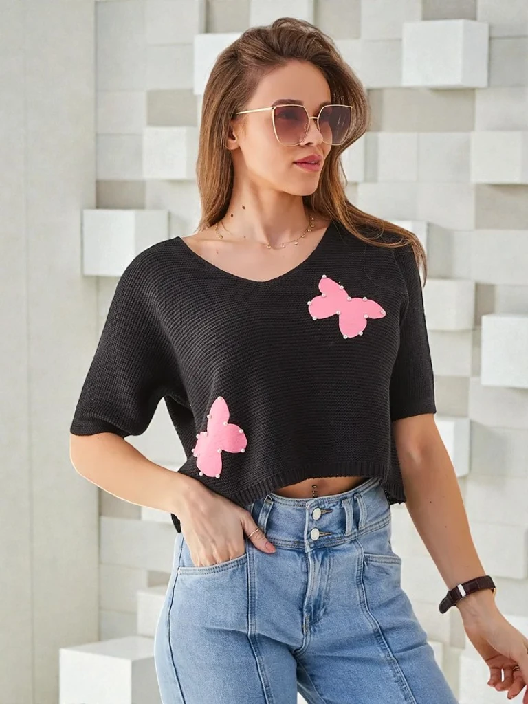 Royalfashion Dámský bavlněný krátký svetr s motýly