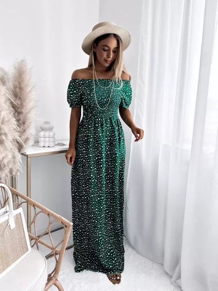 Zelené dámské maxi šaty v hráškové barvě- Oblečení
