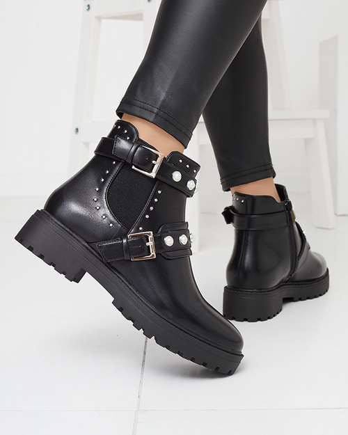 Ботильйони жіночі з еко шкіри з перлами чорного кольору Saalo- Footwear