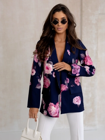 Royalfashion Dámský blazer bez zapínání s růžovými květy