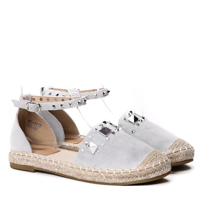Szaro-srebrne odkryte espadryle z ćwiekami- Obuwie
