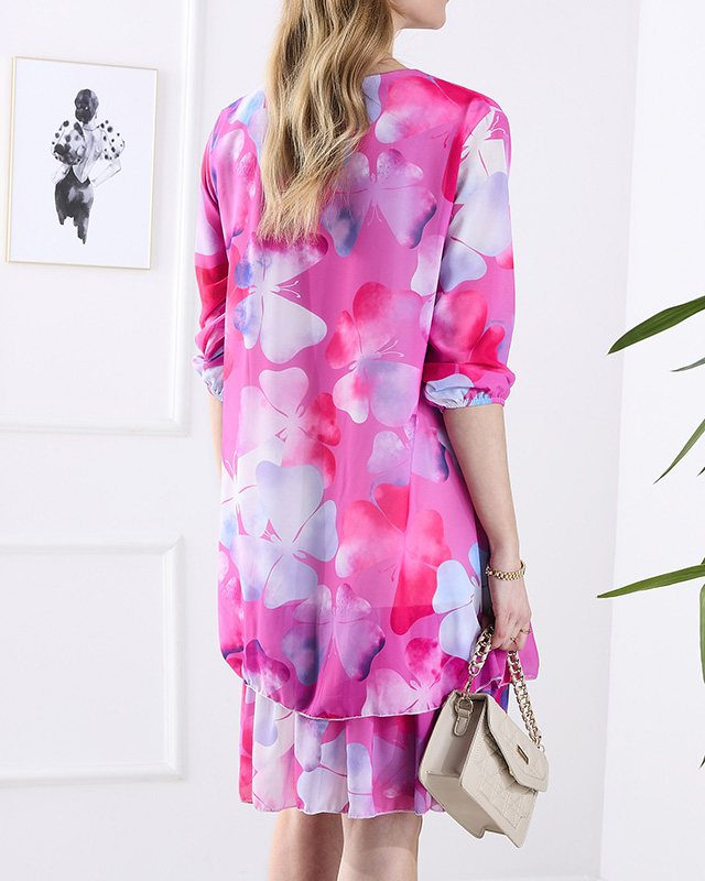 Fuchsiové dámské šaty ke kolenům s potiskem a volánem - Oblečení