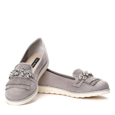 Szare mokasyny z frędzlami i cyrkoniami Micheline- Obuwie
