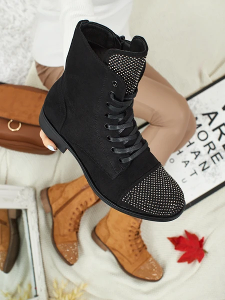 Eko semišové šněrovací dámské kotníkové boty se zirkony Marvelli