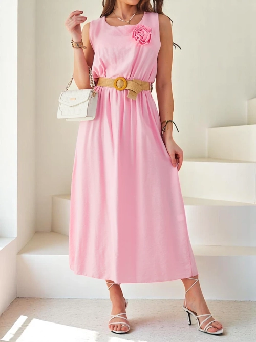 Royalfashion Жіноча міді-сукня на бретельках з круглим вирізом і декоративною квіткою