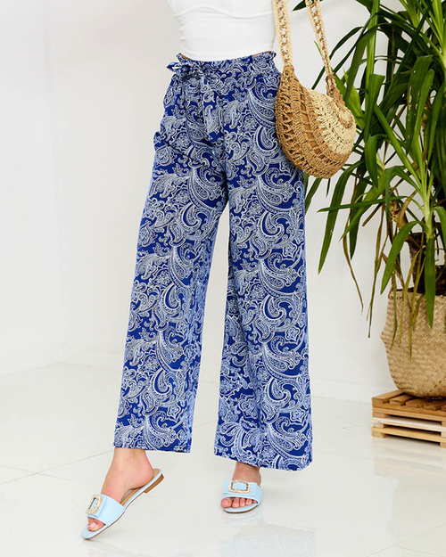 Темно-сині жіночі тканинні штани з принтом - Одяг