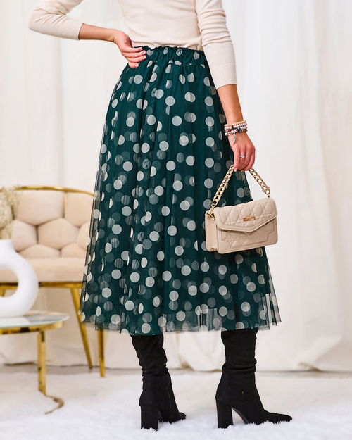 Royalfashion Темно-зелена жіноча двошарова спідниця міді в горох