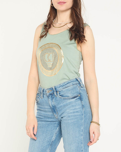 Tmavě zelená halenka na ramenou s potiskem a kubickými zirkoniemi - Oblečení