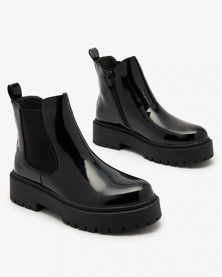 Royalfashion Černé lakované dámské kozačky bez podpatku Glossy Chic