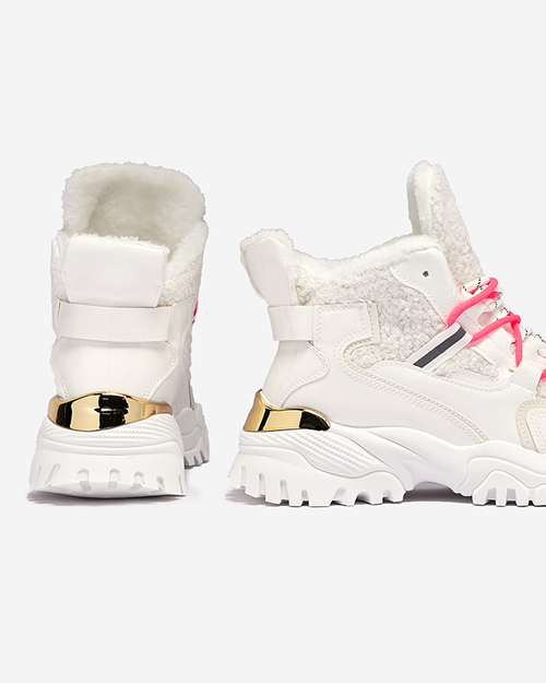 Білі жіночі спортивні кросівки з хутром та неоново-рожевими шнурками Sagglo- Footwear