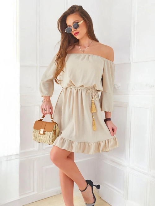 Royalfashion Жіноча міні-сукня з відкритими плечима, з довгими рукавами та стразами