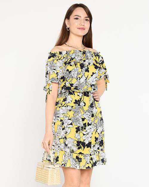 Жовта коротка жіноча сукня з квітами