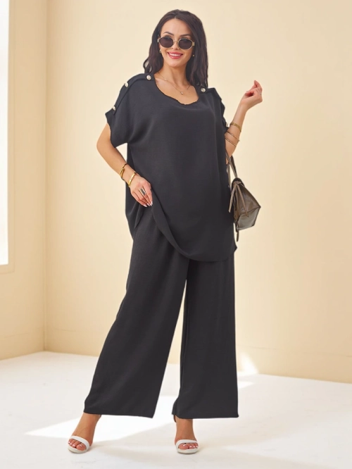 Royalfashion Жіночий бавовняний комплект з короткими рукавами та широкими штанами