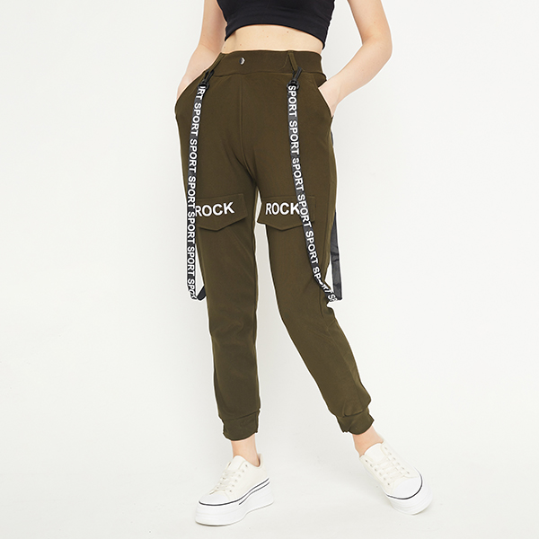 Tmavě zelené dámské cargo kalhoty s podvazky - Oblečení