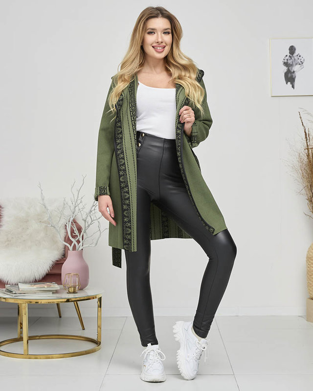 Tmavě zelený dámský přehoz a'la kabát s ozdobou - Oblečení