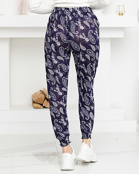 Námořnicky modré a bílé dámské kalhoty s potiskem - Oblečení