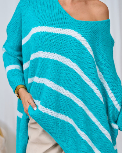 Royalfashion Tyrkysový dlouhý pruhovaný dámský svetr