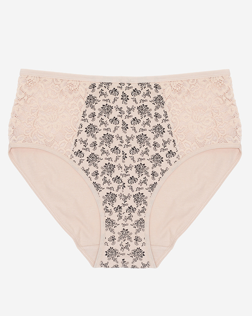 Бежеві жіночі трусики, трусики з квітковим малюнком із завищеною талією. PLUS SIZE - Нижня білизна