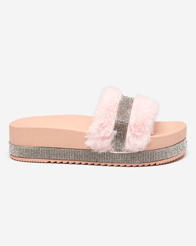 OUTLET Рожеві жіночі тапочки з хутром і фіанітами Zerika - Взуття