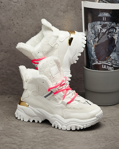 Bílá dámská sportovní obuv s kožíškem a neonově růžovými tkaničkami Sagglo- Obuv