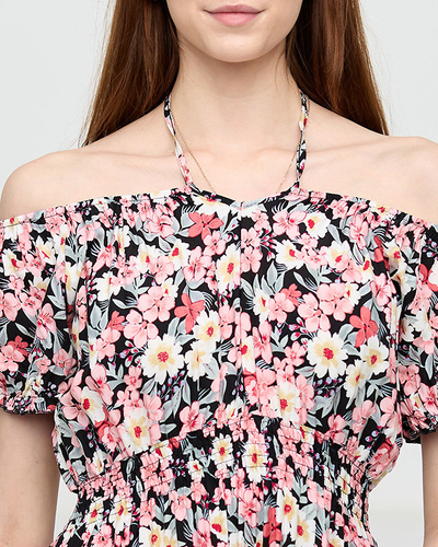 Довге літнє чорне жіноче плаття з ніжно-рожевими квітами - Одяг