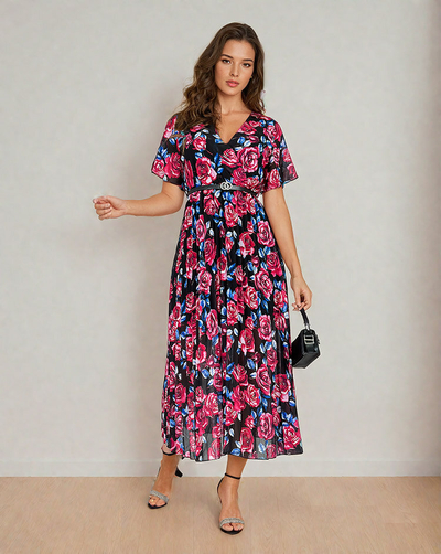 Royalfashion Dámské plisované květinové midi šaty