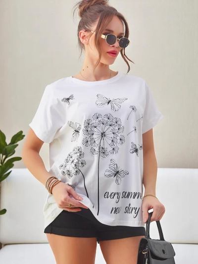Royalfashion Жіноча бавовняна футболка з кульбабами та метеликом