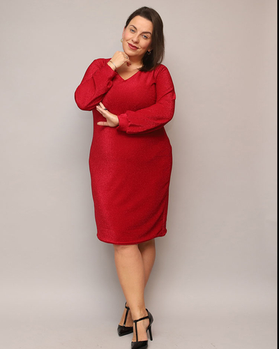 Royalfashion Třpytivé dámské šaty nad kolena v červené barvě PLUS SIZE