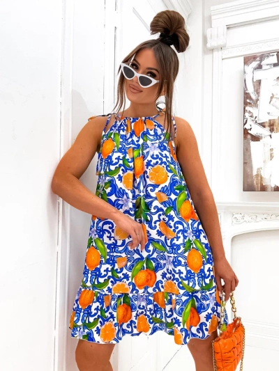 Royalfashion Dámské mini šaty s tenkými ramínky a páskem v pase s módními oranžovými potisky