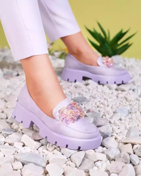 OUTLET Royalfashion Fialové dámské mokasíny s barevnými krystaly Crystal Glam