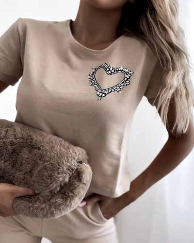 Royalfashion Béžová dvoudílná dámská sportovní souprava se zirkony