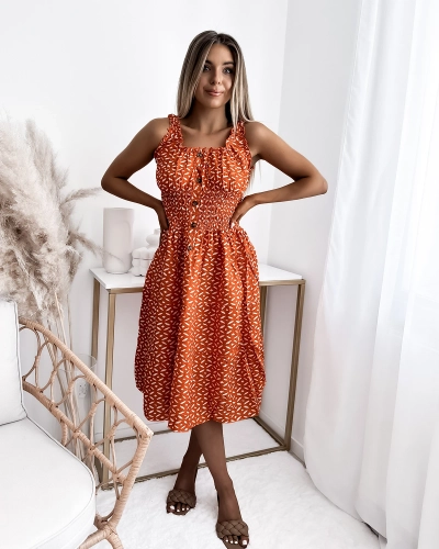 Dámské šaty pod kolena s potiskem v oranžové barvě- Oblečení