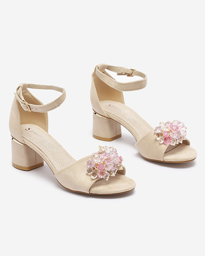 Béžové dámské sandály na podpatku s ozdobnými krystaly Cerosso- Obuv