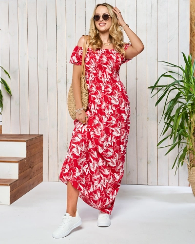 Червоно-біла жіноча максі-сукня з принтом - Одяг