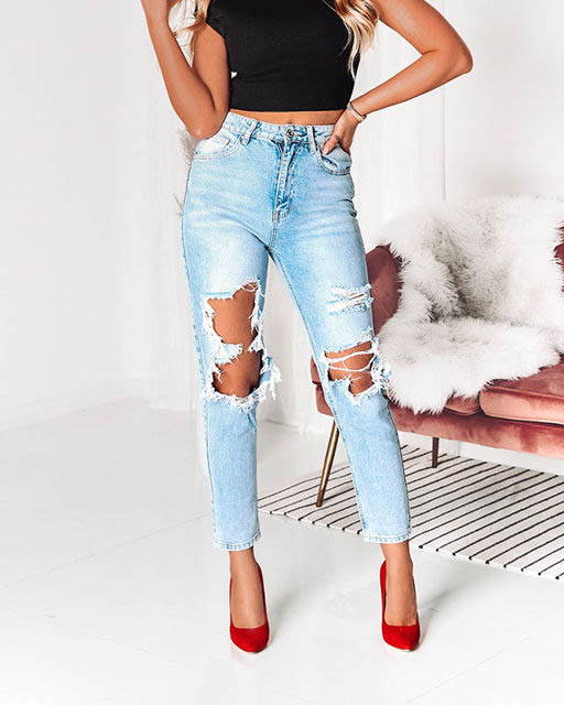 Modré dámské džínové kalhoty s dírami - Oblečení