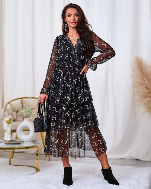 Royalfashion Чорна сукня міді в сітку з принтом