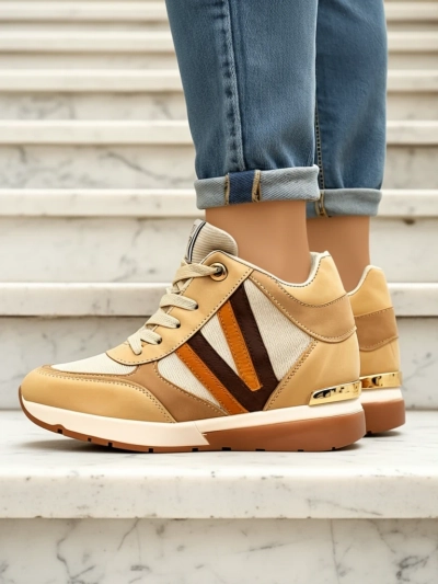 Sneakers Verona Brązowe Z Ekoskóry Z Wysokim Obcasem